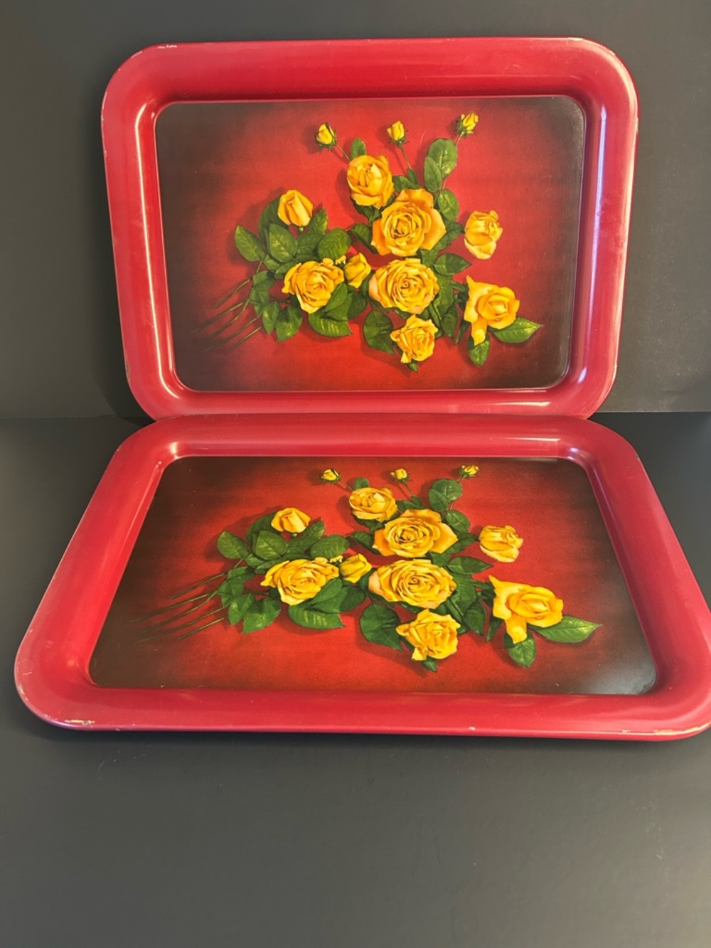 Vintage Red Floral Serving Lap Trays with Yellow Rose Design - Set of 2